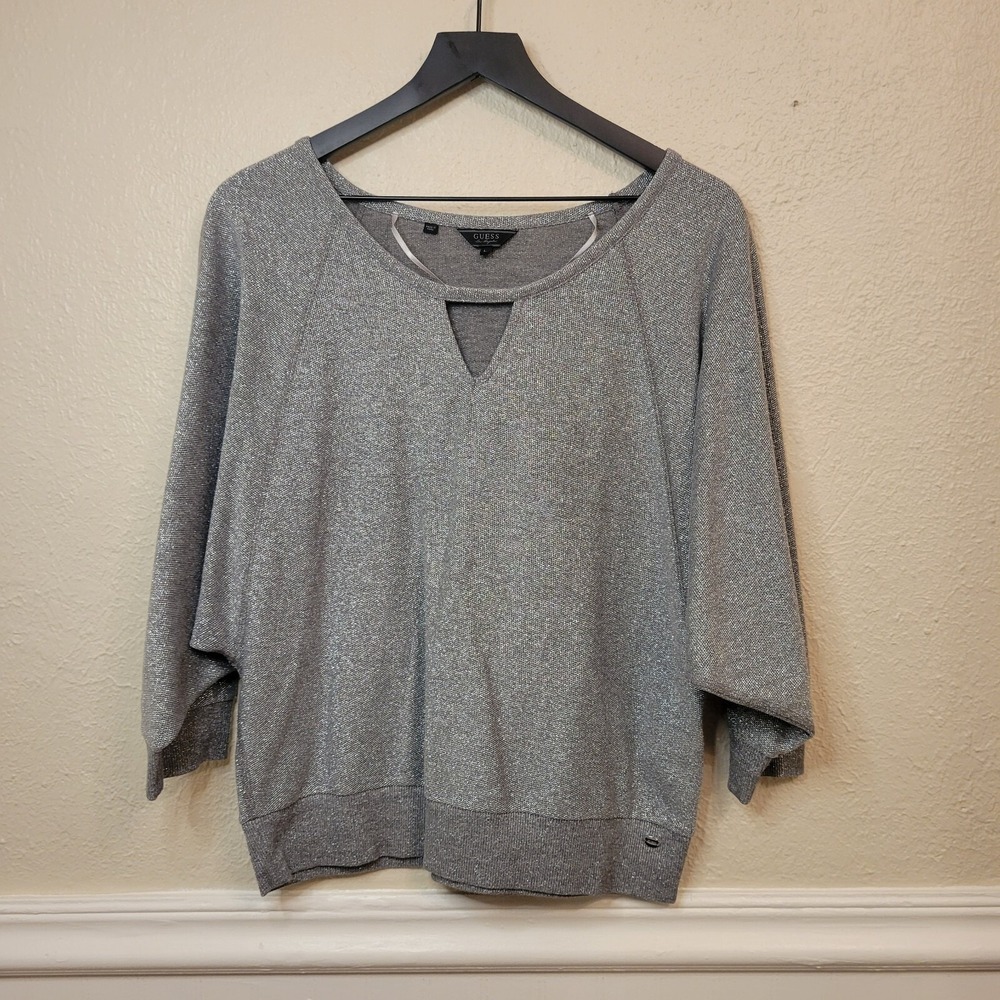 Guess‎ Brand Daphne Blouse Top Shirt Silver Metallic Dolman Sleeve Large